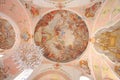 Ceiling and chandelier of St Peter St Paul Church in Oberammergau Royalty Free Stock Photo