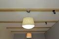 Ceiling chandeliers and laid on lamps on the wooden beams fixed on a ceiling