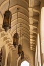 Ceiling and chandeliers of a portico of the Muscut Grand Mosque Oman Royalty Free Stock Photo