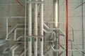 Ceiling of Industry factory. Chiller tower or cooling tower in building. System work machine. Condenser Water Supply and return