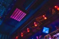 Ceiling interior night bar in neon light decorative design modern interior Royalty Free Stock Photo