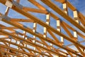 Ceiling joists and rafters of new home under construction.