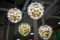 Ceiling lamps in the form of cones made of plastic. Interior, design, style