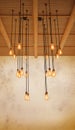 Ceiling light bulb hanging on pine wood against warm tone of gru Royalty Free Stock Photo