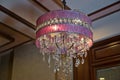 Hanging Lights with Creme Fabric Shade. Modern 3-Light Led pink Chandelier. Pendant Sconce Lighting Lamp . Ceiling Light Oval Royalty Free Stock Photo