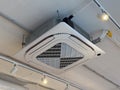 Ceiling mounted air conditioning unit in a modern commercial interior. Climate control, ventilation, and energy efficient building Royalty Free Stock Photo