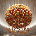 ceiling-mounted mobile made of edible floating fruit spheres, serving as both decoration and dessert HD image