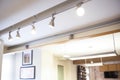 ceiling-mounted rail system with studio lights attached