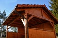 The ceiling of the open shed of the garage lined with wooden planks. wooden siding is suitable for natural constructions in the mo