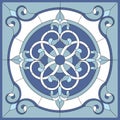 Ceiling panels stained glass window. Abstract Flower, swirls and leaves in square frame, geometric ornament. Vector Royalty Free Stock Photo