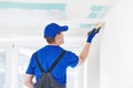 Refurbishment. Plasterer spackling a gypsum plasterboard ceiling with putty Royalty Free Stock Photo