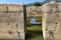 Ceiling ruins of ancient stone temple of Apollon in Klaros ancient city filled water