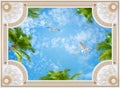 Ceiling wallpapers collage with gold molding, sky, palm trees, birds 3d rendering Royalty Free Stock Photo