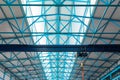 Ceiling of warehouse with metal girders with electric hoist. Metal beams in industrial production hall or warehouse Royalty Free Stock Photo