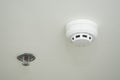 Ceiling white fire detector used to activate warning systems in Royalty Free Stock Photo