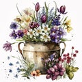 A Bouquet of Sunshine: Spring Floral in a Rusty Pot AI Generated