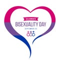 Celebrate Bisexuality Day banner with Blue, purple and pink heart frame and sex sign vector design Royalty Free Stock Photo