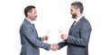 celebrate business deal. two businessmen handshaking after contract deal with champagne. successful agreement in Royalty Free Stock Photo