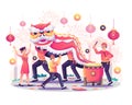 Celebrate the Chinese new year with Asian children playing with a Chinese dancing lion and a drummer beating the drum, fireworks, Royalty Free Stock Photo