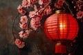 Celebrate Chinese new year decorated with illuminate red lantern and plum flower,Chinese new year background. Generative AI