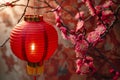 Celebrate Chinese new year decorated with illuminate red lantern and plum flower,Chinese new year background. Generative AI