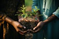 Celebrate earth day. Hands holding small green sprouts in lush spring grass