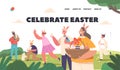 Celebrate Easter Landing Page Template. Happy Kids Hunt Eggs in Spring Garden. Little Boys and Girls Finding Eggs