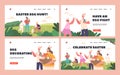 Celebrate Easter Landing Page Template Set. Happy Kids Hunt Eggs in Spring Garden. Little Boys and Girls Finding Eggs