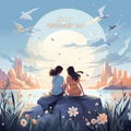 Happy Friendship Day greeting card with two girls sitting on a rock near the lake illustration Ai generative