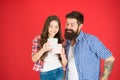 Celebrate fathers day. Family values concept. Friendly relations. Father hipster and his daughter. Gift surprise. Family Royalty Free Stock Photo