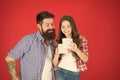 Celebrate fathers day. Family values concept. Friendly relations. Father hipster and his daughter. Gift surprise. Family Royalty Free Stock Photo