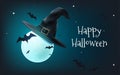 Celebrate Happy Halloween with this spooky vector illustration banner. A full moon in a witch hat, bats, and a haunting scene make