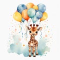 Adorable Watercolor Clip Art Sweet Baby Giraffe Holding Balloons for Joyful Baby Shower Celebrating Royalty Free Stock Photo