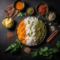 Indian Cuisine Flat Lay: Curry, Spices, and Rice