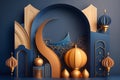 Celebrate the Islamic holiday in style with a stunning 3D banner in royal blue and peach monotones. The banner features a display Royalty Free Stock Photo