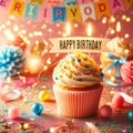 Celebratory Delight: Happy Birthday Cupcake with Candle on Glittery Colorful Background Royalty Free Stock Photo