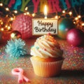 Celebratory Delight: Happy Birthday Cupcake with Candle on Glittery Colorful Background Royalty Free Stock Photo