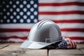 Hard hat and American flag on wooden background. Labor day concept. Ai Generative