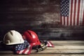 Hard hat and American flag on wooden background. Labor day concept. Ai Generative Royalty Free Stock Photo