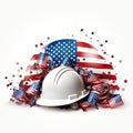 American flag and hard hat on white background. 3D illustration. Labor day concept Ai Generative Royalty Free Stock Photo