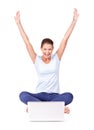 Celebrate, laptop and woman winner in a studio for online sports bet success or achievement. Happy, smile and portrait Royalty Free Stock Photo