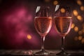 Valentines day celebration toast, pink champagne glasses close up, bokeh lights background. generative ai Royalty Free Stock Photo