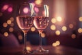 Valentines day celebration toast, pink champagne glasses close up, bokeh lights background. generative ai Royalty Free Stock Photo