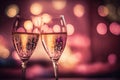 Valentines day celebration toast, pink champagne glasses close up, bokeh lights background. generative ai Royalty Free Stock Photo