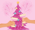 Celebrate New Year and Christmas. two hands holding glasses near Pink Christmas tree, Pink fireworks. Vector Royalty Free Stock Photo