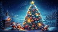 Cute cartoon style: Christmas tree with multi-colored toys of extraordinary beauty, fairy-tale animals, Bunny and hedgehog bears