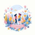Flat illustration of a friends walking in the park with flowers friendship day concept Ai generative