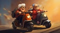 Joyful Grandparents Race: Illustration of Grandmother and Grandfather on Mobility Scooters Playful Family Art