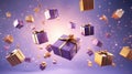 3D rendered Celebrate Festive Purple and Gold Gift Boxes Floating in the Air