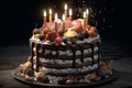 Ai Generative Birthday cake with burning candles and berries on a dark wooden background Royalty Free Stock Photo